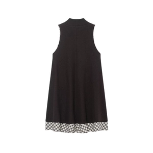 Fashionable black sleeveless turtleneck knit dress with contrast plaid patchwork hemline