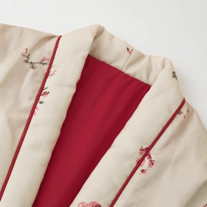Women's floral print kimono cotton jacket with red trim and smooth satin lining