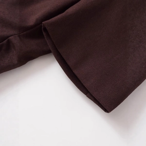 Short sleeve dark brown linen blazer featuring premium texture and fine stitching detail