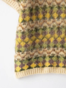 Close-up of argyle knit sweater showing yellow and green mohair texture details