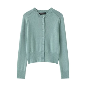 Women's Casual Solid Color Round Neck Knitted Cardigan Mint Green Long Sleeve Button Down Sweater Top For Autumn