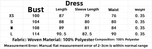 Detailed size chart for bow short dress including bust, length, and sleeve measurements