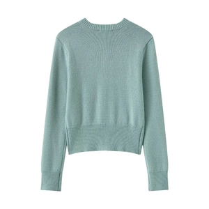 Flat lay back view of a minimalist mint green long sleeve crewneck knit cardigan for women