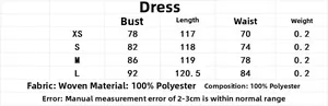 Tableau détaillé des tailles pour la robe en satin de XS à L avec mesures en centimètres