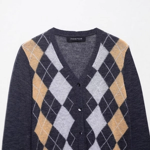 Classic dark grey diamond pattern knit cardigan with yellow accents and V-neckline button-up