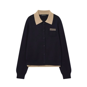 Women's Colorblock Knitted Polo Cardigan Sweater Long Sleeve Button Up Casual Loose Contrast Knitwear Top With Pocket