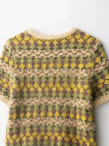 Close-up of vintage multi-color argyle knit top with textured mohair blend fabric