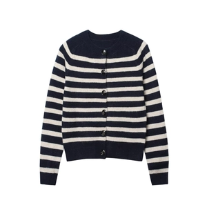 Navy and white wide stripe knitted cardigan with round neck and dark buttons
