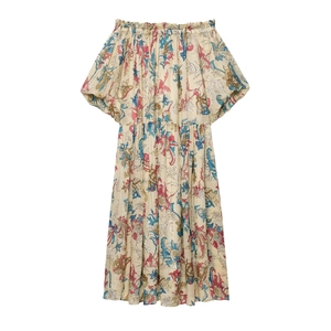 Elegant Women Off Shoulder Floral Print Polyester Blend Midi Dress Puff Sleeve Loose A-Line Bohemian Vacation Sundress
