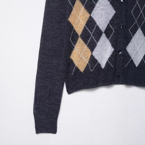 Classic dark grey argyle knit cardigan with yellow and white diamond patterns and buttons