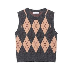 Chaleco de Punto Vintage para Mujer con Rombos Sin Mangas Cuello Redondo Pulóver de Poliéster Casual Estilo Preppy Gris Otoño