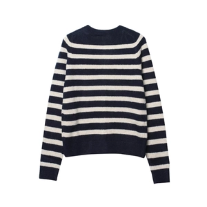 Detailed view of long sleeve navy and beige striped knit cardigan with ribbed cuffs
