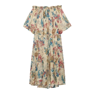 Floral ramie off-shoulder A-line dress with puff sleeves and vintage flower patterns