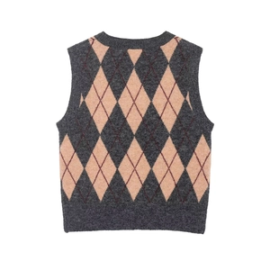 Chaleco de punto vintage con estampado de rombos gris oscuro y rosa de mujer
