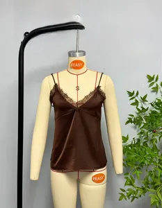Detail of V-neck satin camisole top with eyelash lace trim in dark brown silk texture