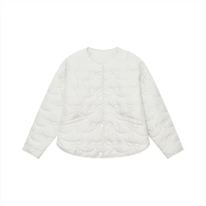 Minimalist white quilted jacket with bow patterns and round neck for women