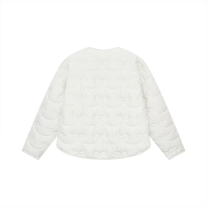 Chic off-white quilted jacket with bow pattern and round neck, back view flat lay