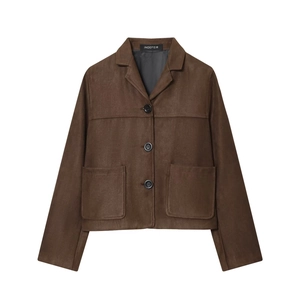 Braune Damenjacke aus Wildlederimitat mit klassischem Revers und drei Frontknöpfen
