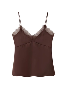 Detailed view of dark brown satin camisole featuring delicate eyelash lace trim at V-neck