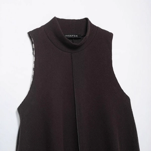 Women's chic mock neck knit vest in dark coffee featuring a vertical seam design