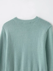 Close-up of mint green knit cardigan featuring ribbed crew neck and textured fabric