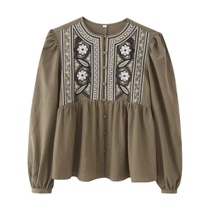 Women Olive Green Long Sleeve Embroidered Shirt Retro Stand Collar Puff Sleeve Pullover Peplum Hem Casual Bohemian Top