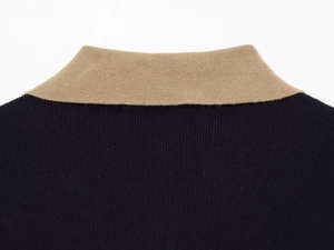 Detail shot of the contrast polo collar and knit texture in khaki and navy blue color