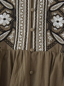 Macro detail of white floral embroidery and cloth buttons on olive green linen shirt