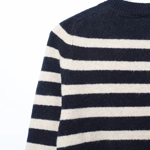 Close-up of navy and white striped knit cardigan showing soft wool texture and neckline