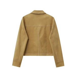 Khaki suede-like short jacket with white contrast stitching and lapel collar back view