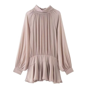 Women Elegant Dusty Pink Chiffon Mini Dress Bow Tie Neck Long Lantern Sleeve Pleated Smocked Waist Ruffle Hem Casual Office Dress