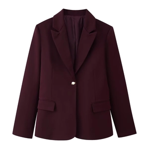 Slim fit burgundy women's blazer with shoulder pads and single gold button closure