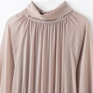 Elegant mauve chiffon long sleeve blouse with high neck bow and pleated front detail