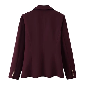 Slim-fit burgundy blazer with shoulder pads and gold buttons on cuffs, back view