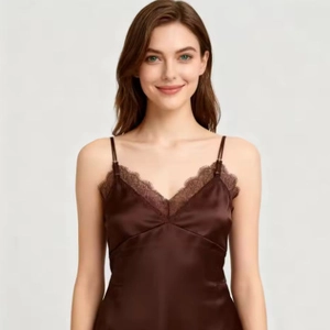 Elegant chocolate satin camisole top with V-neck lace trim and slim straps for women