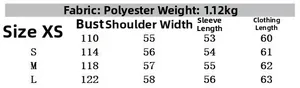 Size chart for faux fur coat showing bust, shoulder and length from XS to L in cm