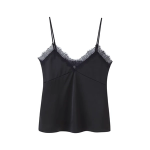 Elegant black satin camisole with deep V-neck and delicate eyelash lace trim for women