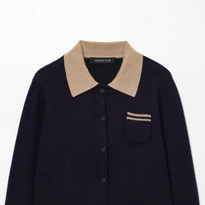 Navy blue knit polo cardigan with khaki contrast collar and striped pocket detail