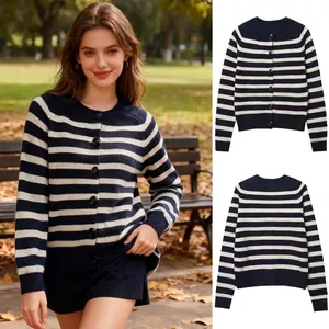Women Casual Striped Knit Cardigan Round Neck Long Sleeve Button Down Loose Knitwear Soft Fall Winter Sweater Top Navy Blue