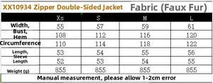 Detailed size chart for double-sided faux shearling jacket with zipper details