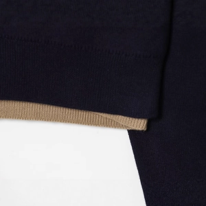 Navy and camel color-block knit polo sweater with premium ribbed cuffs and layered design