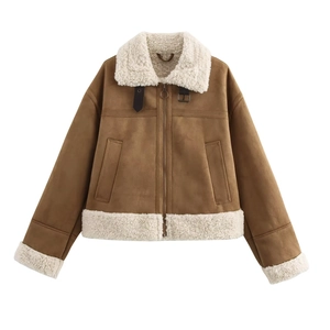 Vintage Women's Suede Sherpa Lined Jacket Thick Warm Zip Up Lapel Fleece Coat With Pockets Casual Winter Short Outwear