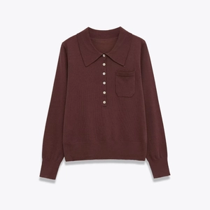 Women's Casual Long Sleeve Knitted Polo Sweater Wool Blend Pullover Jujube Red Elegant Lapel Pocket Top For Daily Office