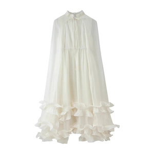 Elegant White Pleated Maxi Dress With Ruffle Neck Tie Sleeveless Tiered A-Line Evening Party Dress For Women