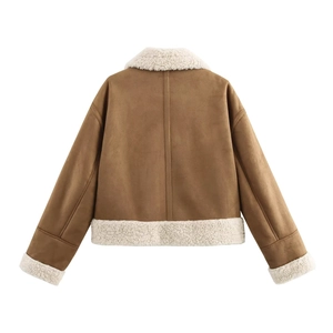 Short brown faux suede jacket with white sherpa lining, back view on white background