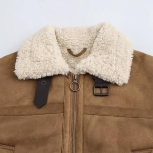 Brown suede jacket with white faux shearling collar and metal ring zipper detail