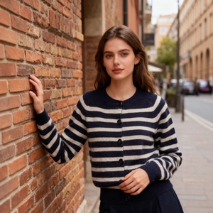 Navy and cream striped knit cardigan with round neck and buttons for autumn style