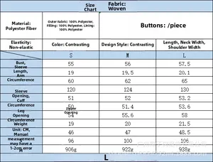 Tableau des tailles détaillé pour blouson aviateur à empiècements en S, M, L