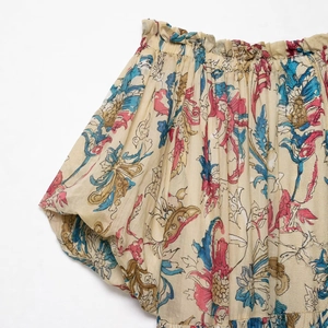 Floral print ramie off-shoulder dress with elastic smocked waist and vintage patterns