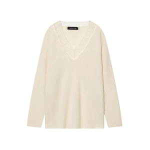 Women's cream wool blend knit sweater featuring delicate lace V-neck and long sleeves